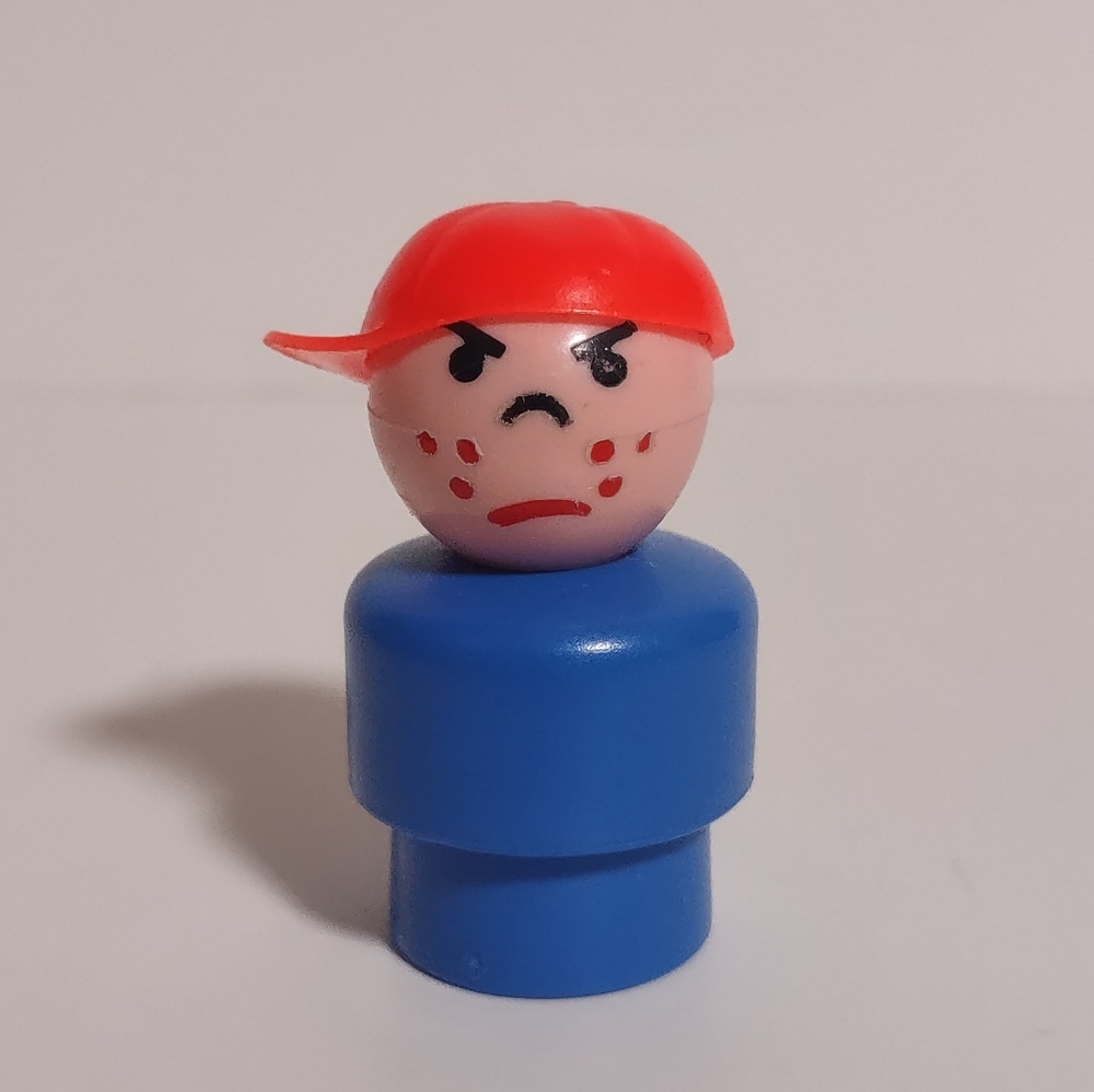 Vintage Fisher Price Little People Blue Boy Frowning Freckles w/Red Sideways Cap
